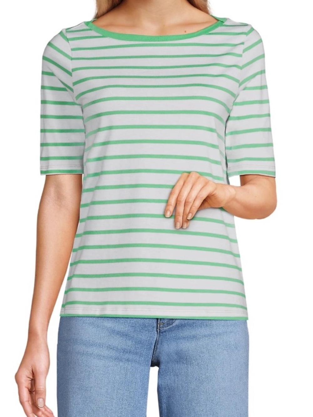 Lands End Breton White & Green Breton Stripe Cotton T-Shirt